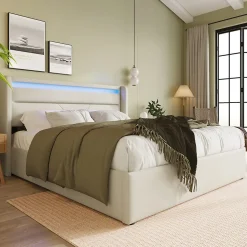 Lit adulte lit 160x200 cm lit rembourré hydraulique lit de rangement lit barre d'éclairage led lit double pu blanc