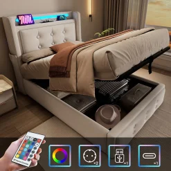 Lit adulte lit 90x200 cm lit rembourré hydraulique avec sommier en bois Single coton lin beige