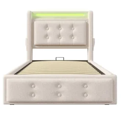 Lit adulte lit 90x200 cm lit rembourré hydraulique avec sommier en bois Single coton lin beige