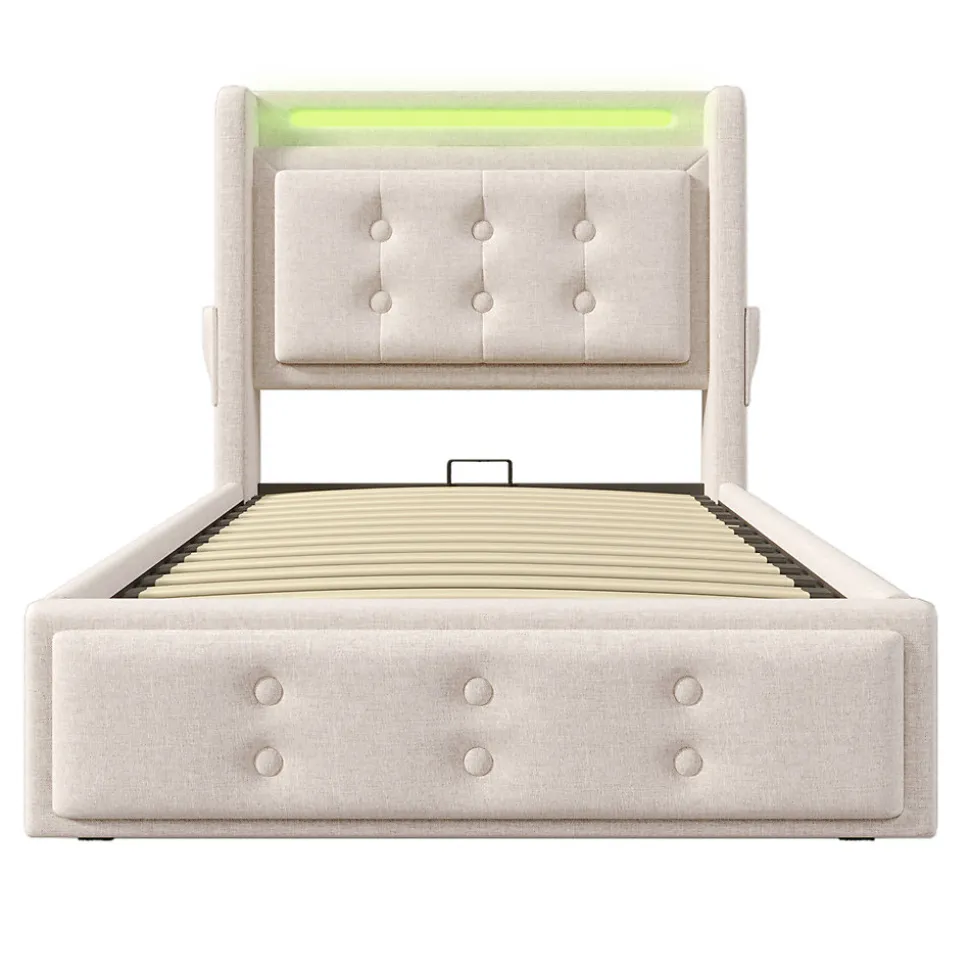 Lit adulte lit 90x200 cm lit rembourré hydraulique avec sommier en bois Single coton lin beige