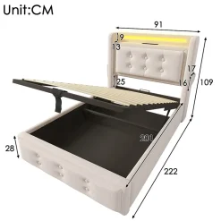 Lit adulte lit 90x200 cm lit rembourré hydraulique avec sommier en bois Single coton lin beige