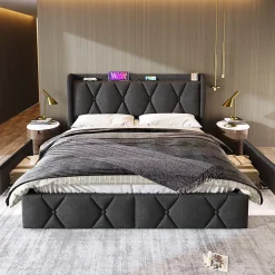 Lit adulte lit 160x200 cm lit rembourré lit de rangement avec 4 tiroirs lit double lin gris