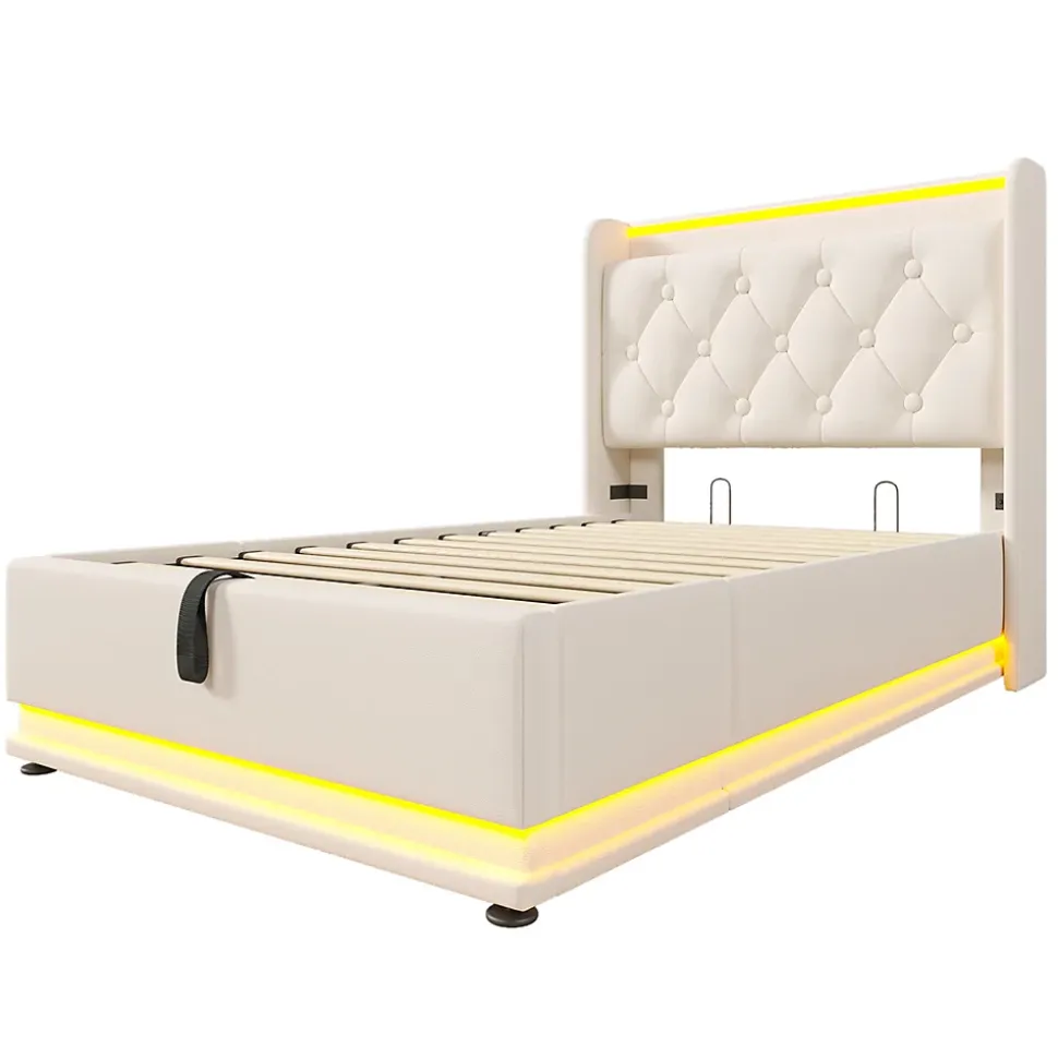 Lit adulte lit 90x200 cm lit rembourré hydraulique lit appui-tête rembourré avec fonction de recharge usb type-c Single pu blanc