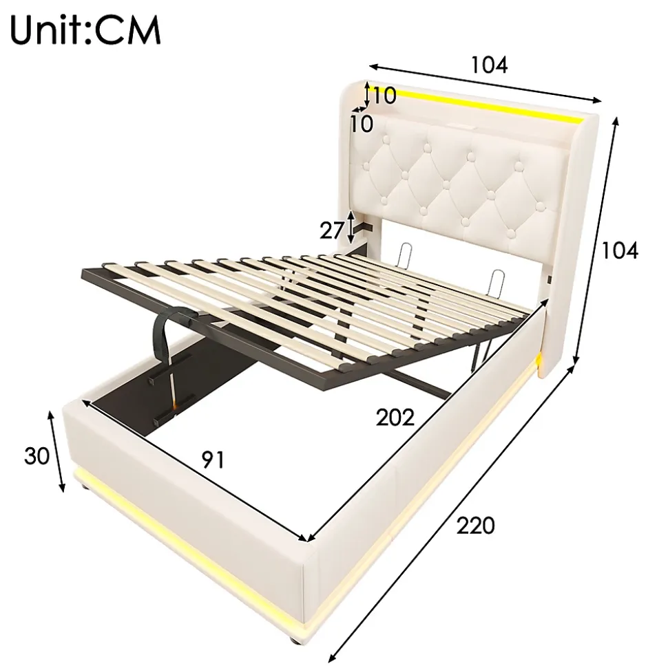 Lit adulte lit 90x200 cm lit rembourré hydraulique lit appui-tête rembourré avec fonction de recharge usb type-c Single pu blanc