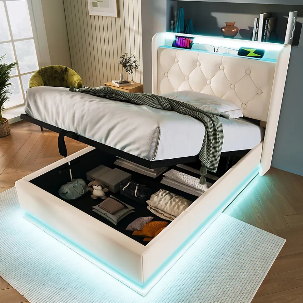 Lit adulte lit 90x200 cm lit rembourré hydraulique lit appui-tête rembourré avec fonction de recharge usb type-c Single pu blanc