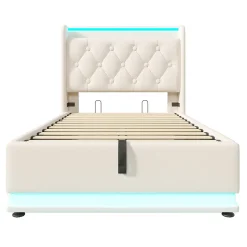 Lit adulte lit 90x200 cm lit rembourré hydraulique lit appui-tête rembourré avec fonction de recharge usb type-c Single pu blanc