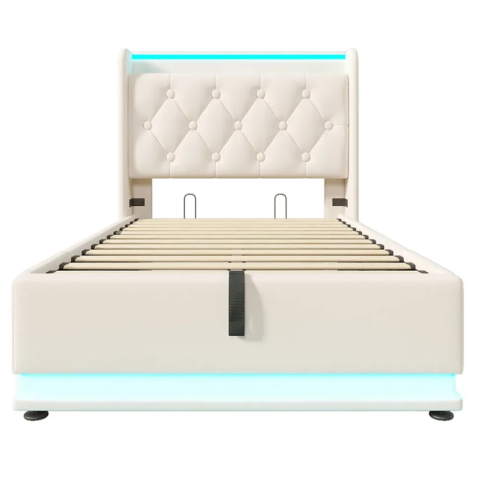 Lit adulte lit 90x200 cm lit rembourré hydraulique lit appui-tête rembourré avec fonction de recharge usb type-c Single pu blanc