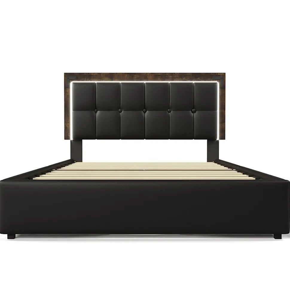 Lit adulte lit 160x200 cm lit rembourré avec bandeau lumineux led et 4 tiroirs lit double pu noir
