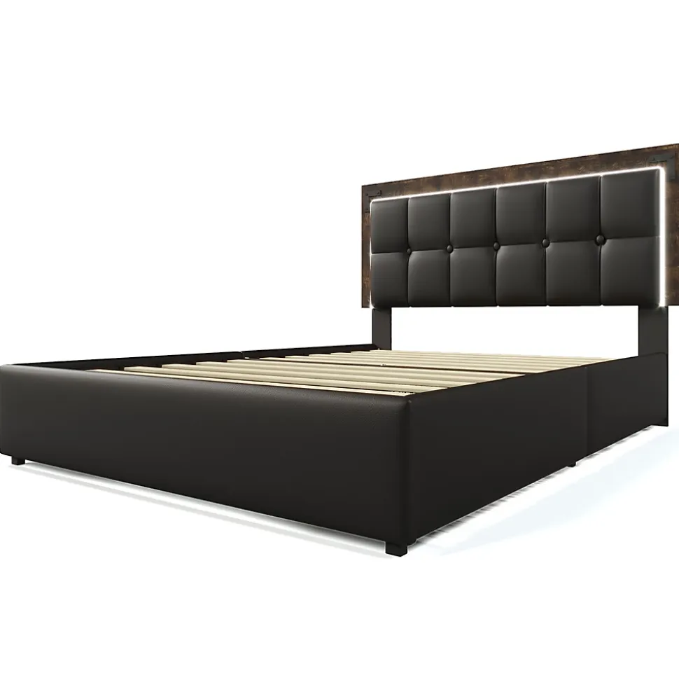 Lit adulte lit 160x200 cm lit rembourré avec bandeau lumineux led et 4 tiroirs lit double pu noir