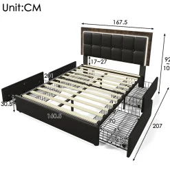 Lit adulte lit 160x200 cm lit rembourré avec bandeau lumineux led et 4 tiroirs lit double pu noir