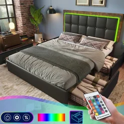Lit adulte lit 160x200 cm lit rembourré avec bandeau lumineux led et 4 tiroirs lit double pu noir