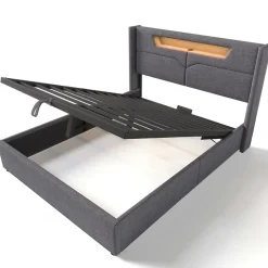 Lit adulte lit 160x200 cm lit rembourré lit de rangement lit sommier à lattes en bois lit double lin gris