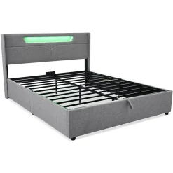 Lit adulte lit 160x200 cm lit rembourré lit de rangement lit sommier à lattes en bois lit double lin gris