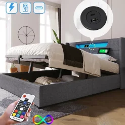 Lit adulte lit 160x200 cm lit rembourré lit de rangement lit sommier à lattes en bois lit double lin gris