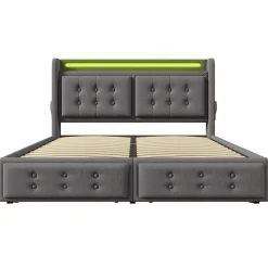 Lit adulte lit 140x200 cm lit rembourré lit 4 tiroirs lit de rangement avec sommier à lattes en bois lit double coton lin gris