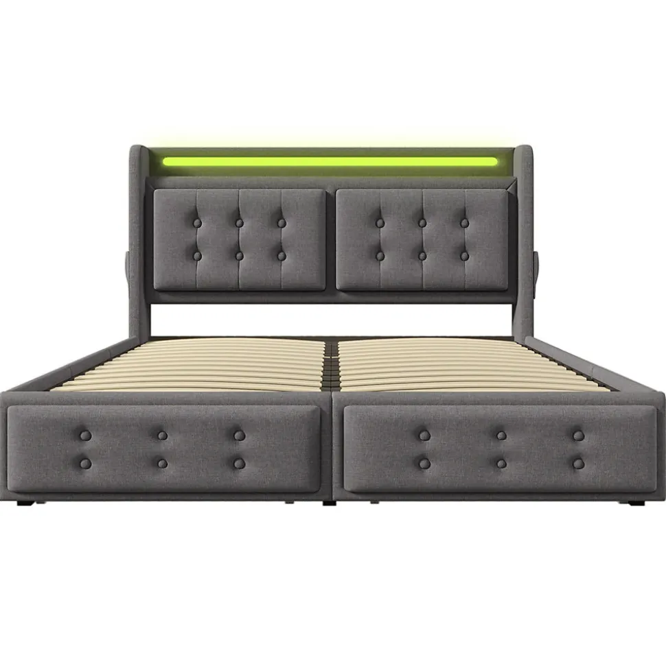 Lit adulte lit 140x200 cm lit rembourré lit 4 tiroirs lit de rangement avec sommier à lattes en bois lit double coton lin gris