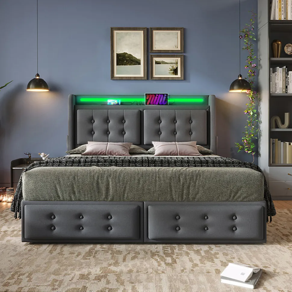 Lit adulte lit 140x200 cm lit rembourré lit 4 tiroirs lit de rangement avec sommier à lattes en bois lit double coton lin gris