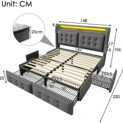 Lit adulte lit 140x200 cm lit rembourré lit 4 tiroirs lit de rangement avec sommier à lattes en bois lit double coton lin gris