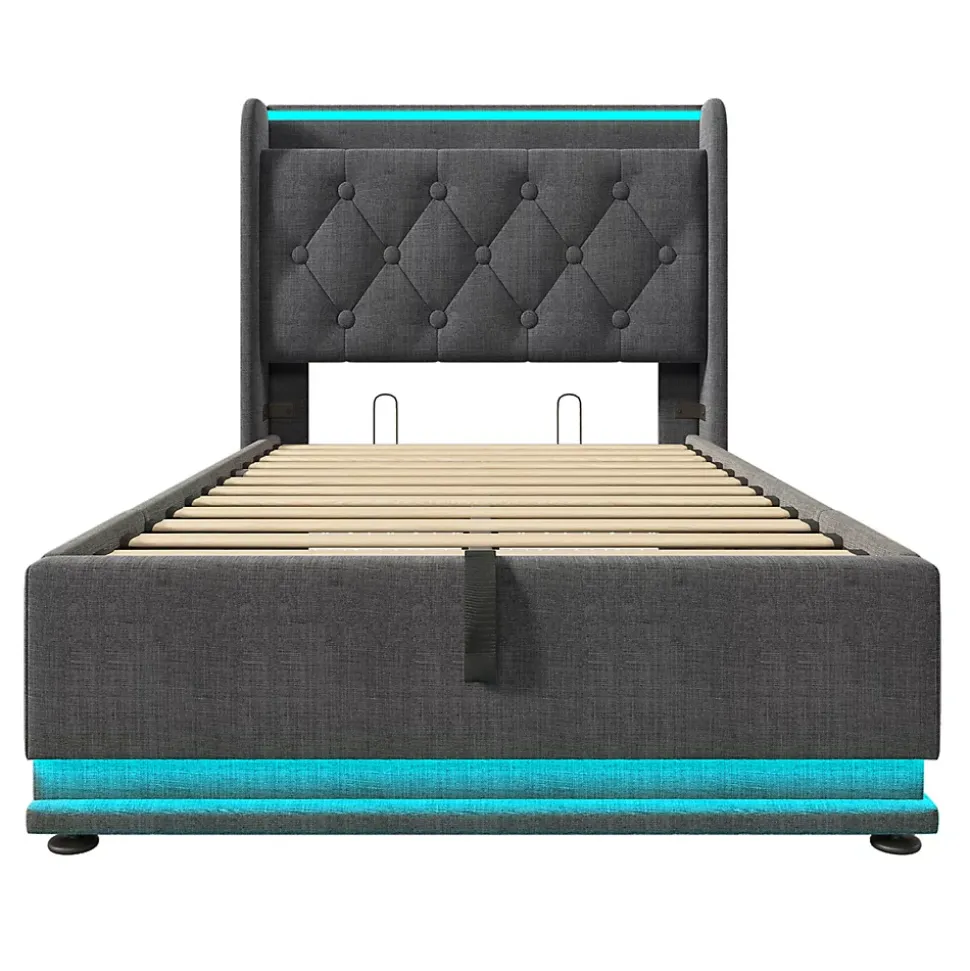 Lit adulte lit 90x200 cm lit rembourré hydraulique lit appui-tête rembourré avec fonction de recharge usb type-c Single lin gris