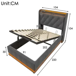Lit adulte lit 90x200 cm lit rembourré hydraulique lit appui-tête rembourré avec fonction de recharge usb type-c Single lin gris
