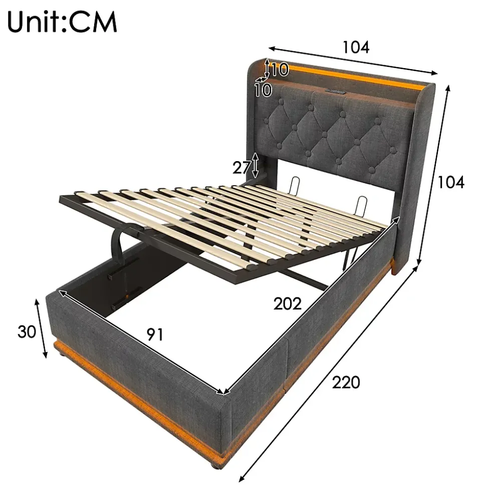 Lit adulte lit 90x200 cm lit rembourré hydraulique lit appui-tête rembourré avec fonction de recharge usb type-c Single lin gris