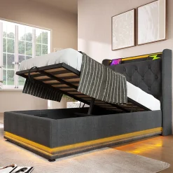 Lit adulte lit 90x200 cm lit rembourré hydraulique lit appui-tête rembourré avec fonction de recharge usb type-c Single lin gris