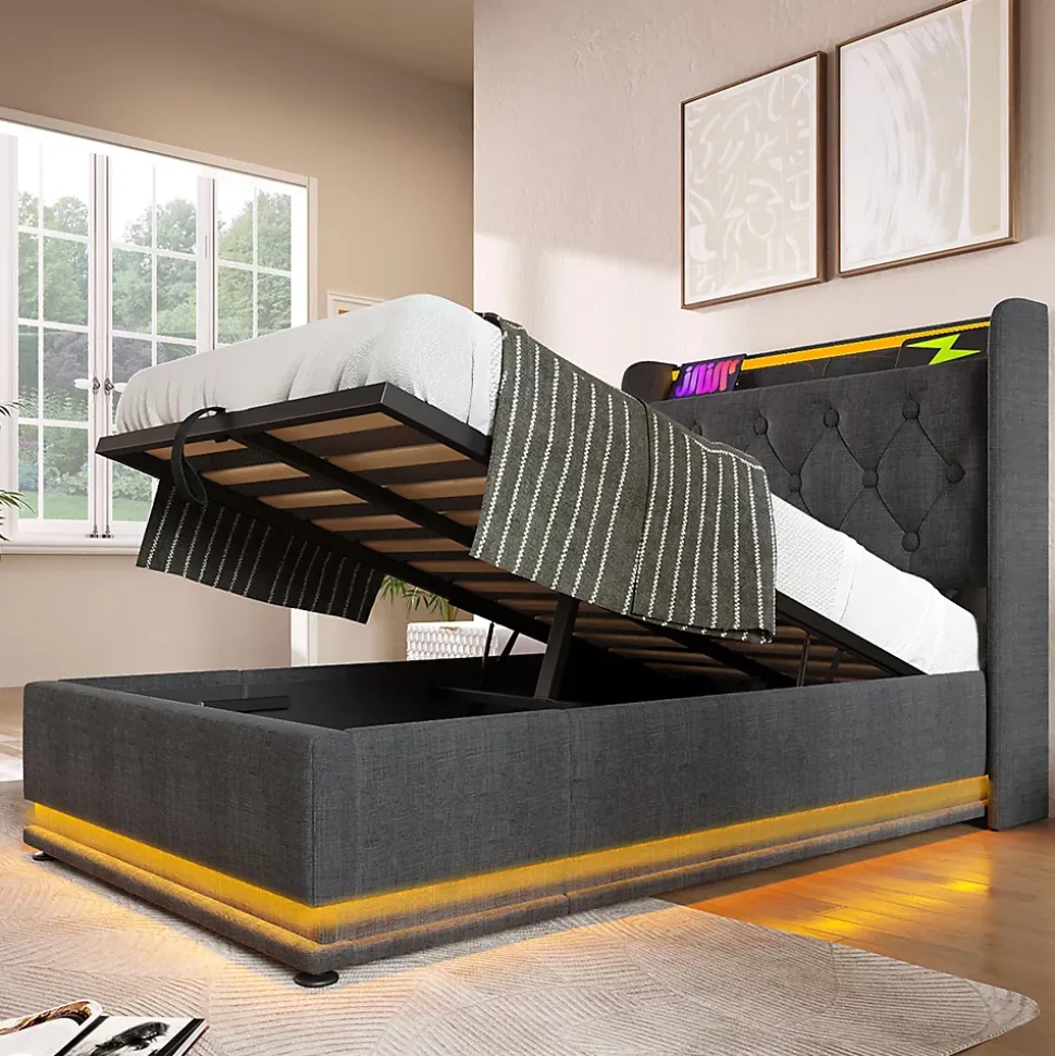 Lit adulte lit 90x200 cm lit rembourré hydraulique lit appui-tête rembourré avec fonction de recharge usb type-c Single lin gris