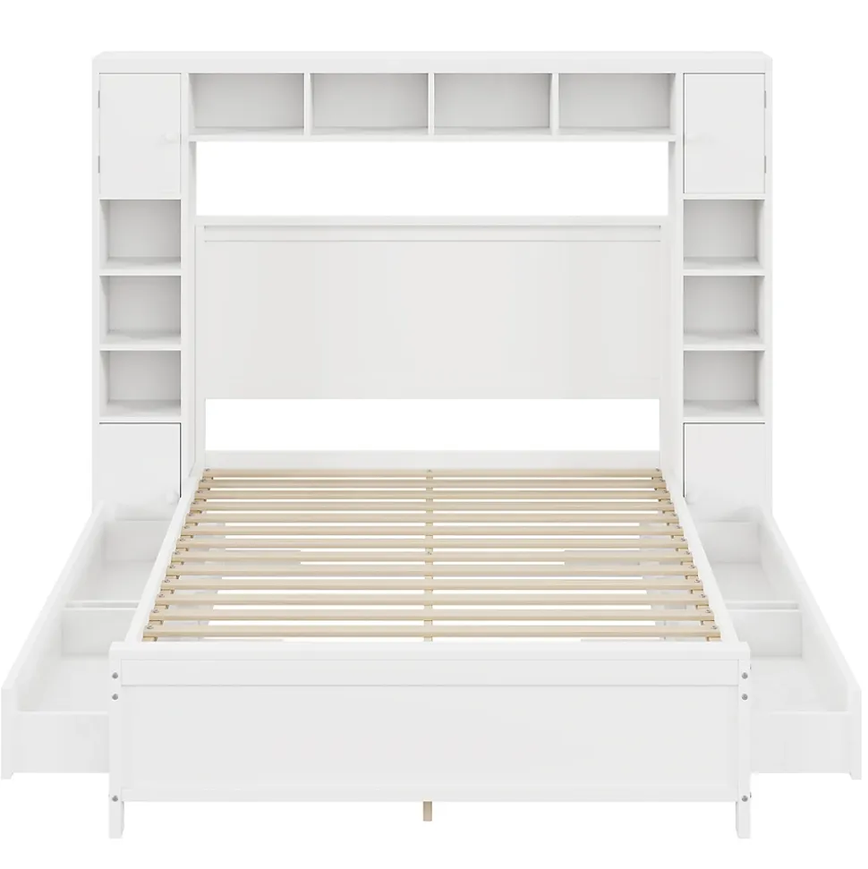 Lit adulte lit 140x200 cm lit sommier à lattes avec 4 tiroirs et armoire de rangement lit double bois massif blanc