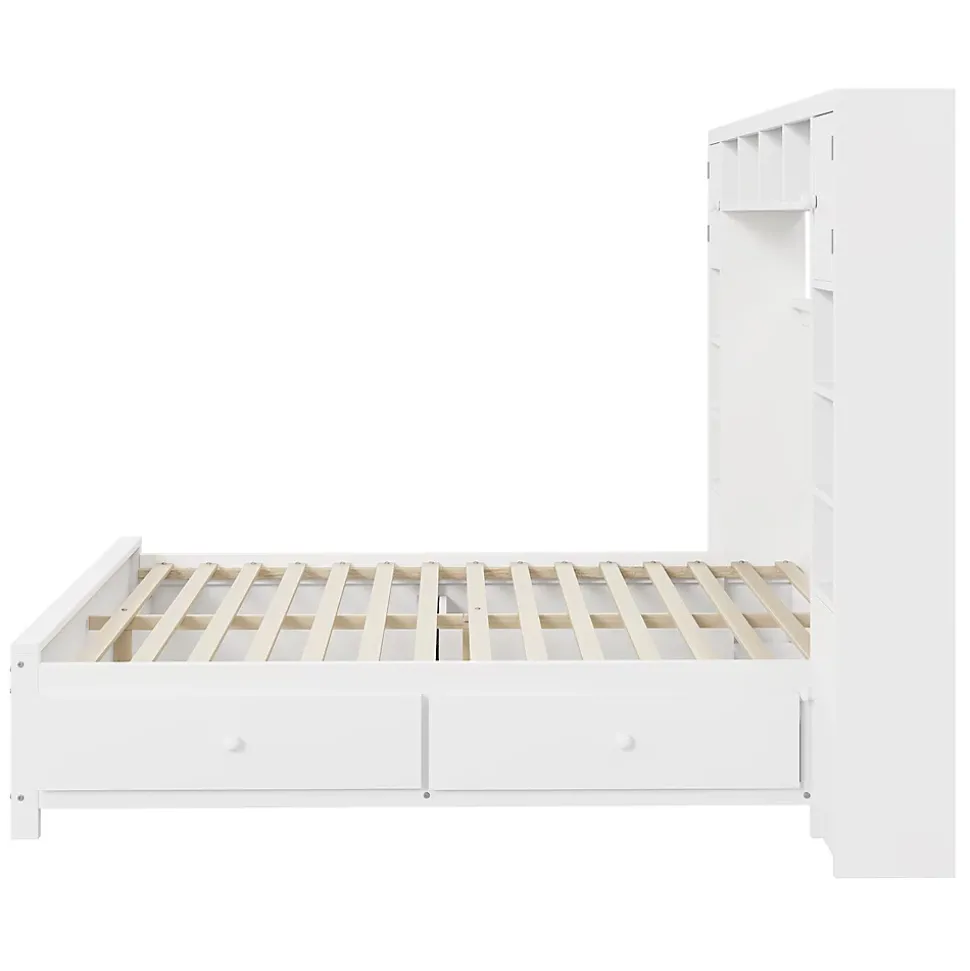 Lit adulte lit 140x200 cm lit sommier à lattes avec 4 tiroirs et armoire de rangement lit double bois massif blanc
