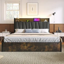 Lit adulte lit 160x200 cm lit sommier à lattes en bois lit éclairage led lit en métal lit double lin gris