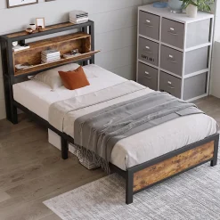 Lit adulte lit 90x200 cm lit tête de lit de rangement lit sommier à lattes lit en métal Single métal+mdf Neutral