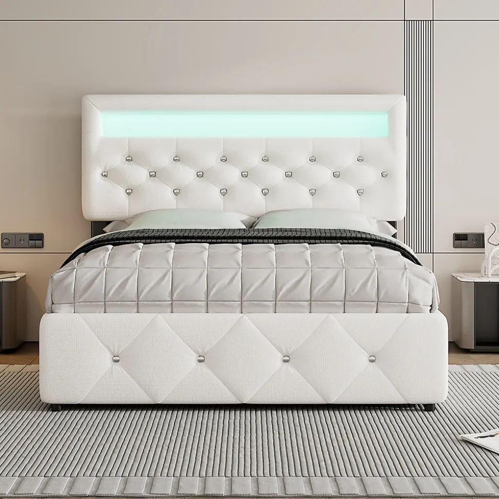 Lit adulte lit 140x200cm(90x190cm) lit rembourré avec rallonge de lit et 2 tiroirs lit double lin blanc