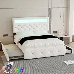 Lit adulte lit 140x200cm(90x190cm) lit rembourré avec rallonge de lit et 2 tiroirs lit double lin blanc