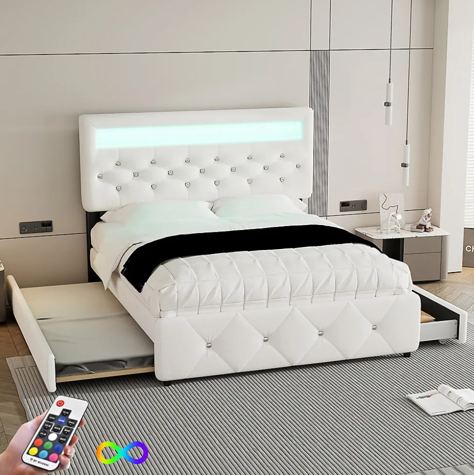 Lit adulte lit 140x200cm(90x190cm) lit rembourré avec rallonge de lit et 2 tiroirs lit double lin blanc