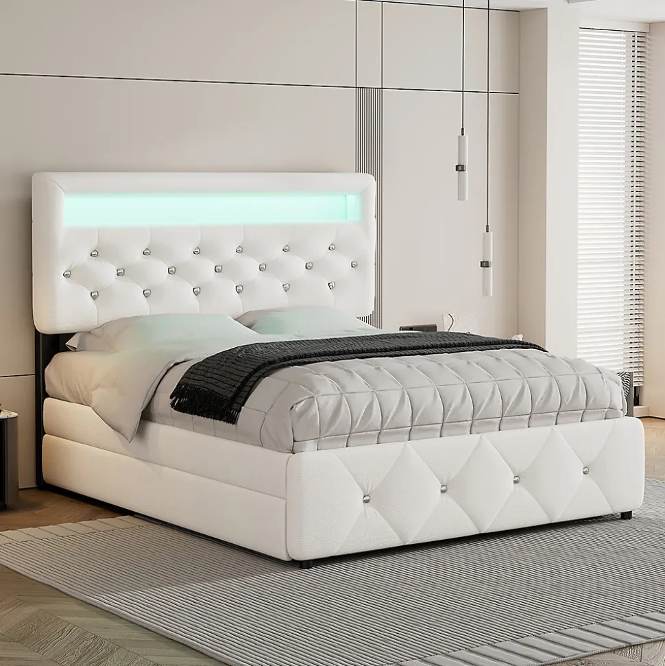 Lit adulte lit 140x200cm(90x190cm) lit rembourré avec rallonge de lit et 2 tiroirs lit double lin blanc