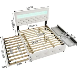 Lit adulte lit 140x200cm(90x190cm) lit rembourré avec rallonge de lit et 2 tiroirs lit double lin blanc