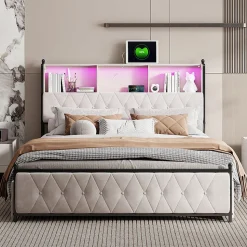 Lit adulte rembourré avec LED et USB, 4 tiroirs, sommier à lattes, velours, 180x200cm, Beige