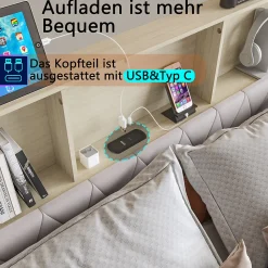 Lit adulte rembourré avec LED et USB, 4 tiroirs, sommier à lattes, velours, 180x200cm, Beige