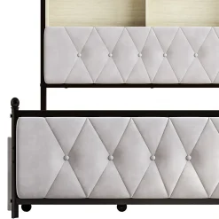 Lit adulte rembourré avec LED et USB, 4 tiroirs, sommier à lattes, velours, 180x200cm, Beige