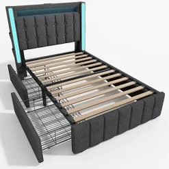 Lit adulte rembourré 90x200 cm en lin - 2 tiroirs - avec fonction de charge et éclairage LED - Gris