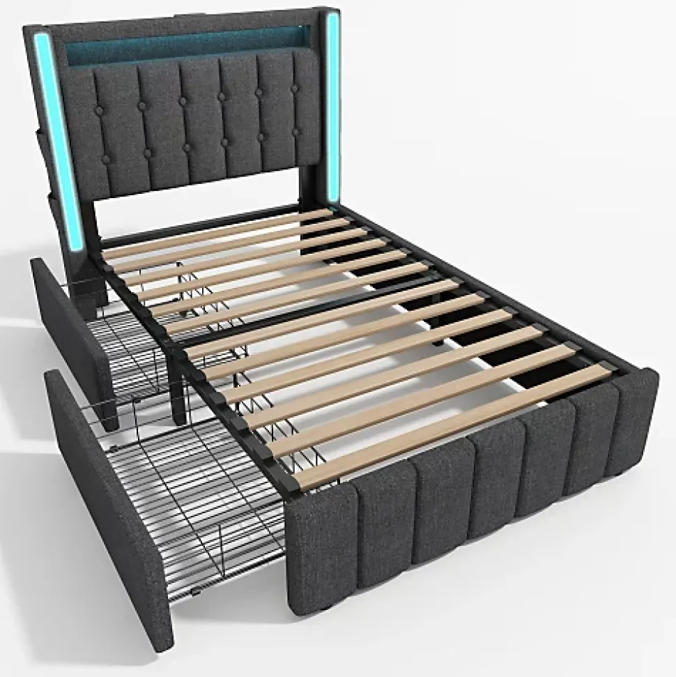 Lit adulte rembourré 90x200 cm en lin - 2 tiroirs - avec fonction de charge et éclairage LED - Gris