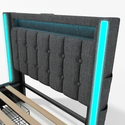 Lit adulte rembourré 90x200 cm en lin - 2 tiroirs - avec fonction de charge et éclairage LED - Gris