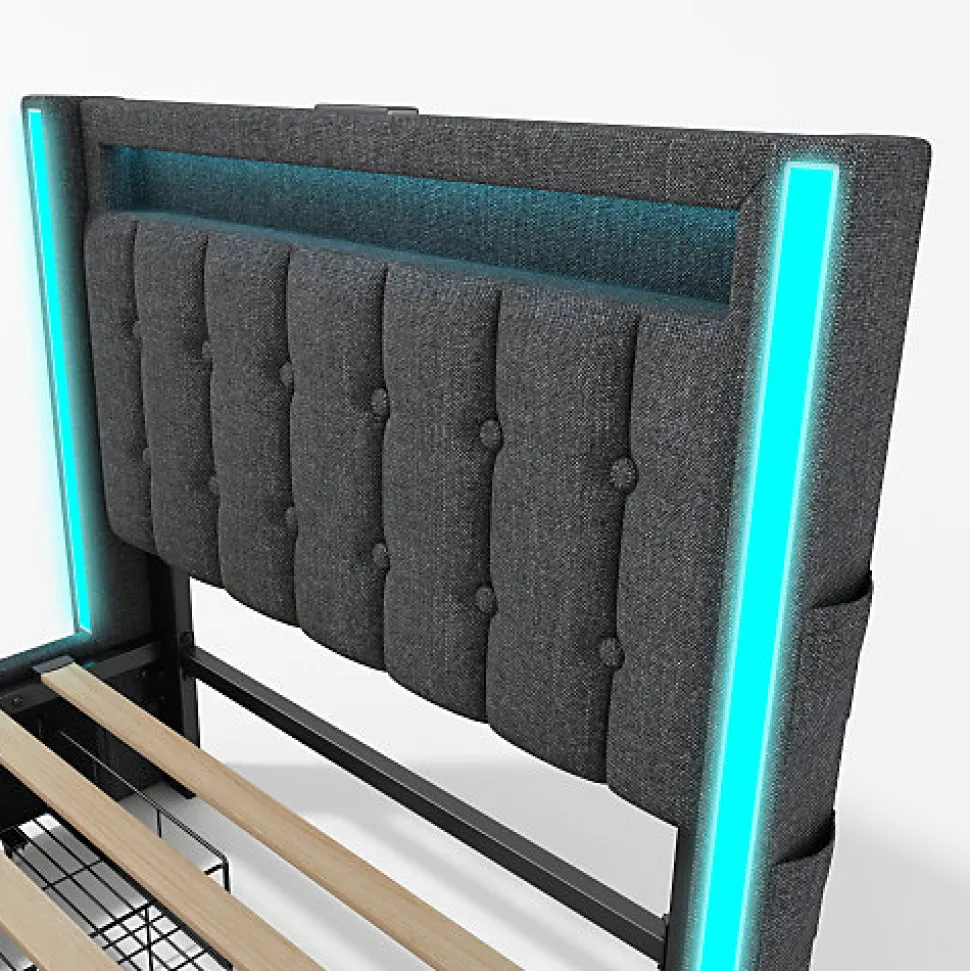 Lit adulte rembourré 90x200 cm en lin - 2 tiroirs - avec fonction de charge et éclairage LED - Gris