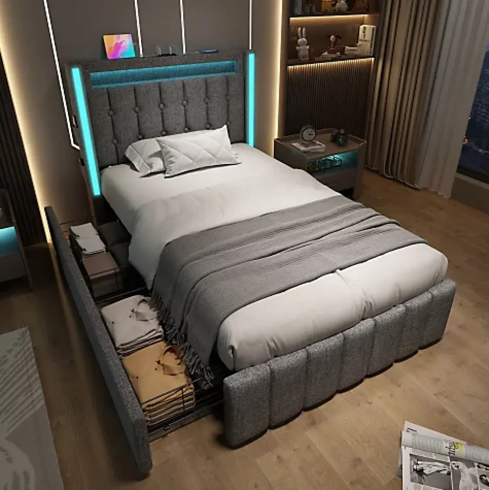 Lit adulte rembourré 90x200 cm en lin - 2 tiroirs - avec fonction de charge et éclairage LED - Gris