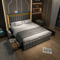 Lit adulte rembourré 140x200 cm en lin - 2 tiroirs - avec fonction de charge et éclairage LED - Gris