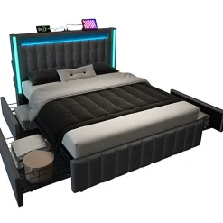 Lit adulte rembourré 140x200 cm en lin - 2 tiroirs - avec fonction de charge et éclairage LED - Gris