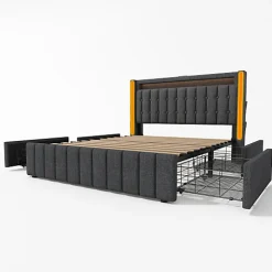 Lit adulte rembourré 140x200 cm en lin - 2 tiroirs - avec fonction de charge et éclairage LED - Gris