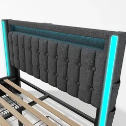 Lit adulte rembourré 140x200 cm en lin - 2 tiroirs - avec fonction de charge et éclairage LED - Gris