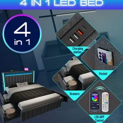 Lit adulte rembourré 140x200 cm en lin - 2 tiroirs - avec fonction de charge et éclairage LED - Gris