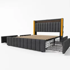 Lit adulte rembourré 160x200 cm en lin - 2 tiroirs - avec fonction de charge et éclairage LED - Gris